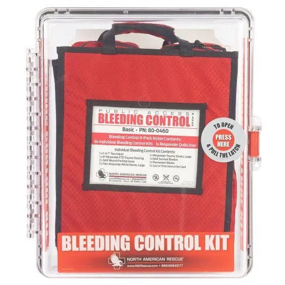 Public Access Bleeding Control Station - 8 - PACK Nylon Pouch - Clear Polycarbonate Cabinet - North American Rescue