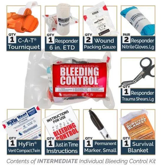 Public Access Bleeding Control Station - 8 - PACK Vacuum Sealed Pouch - Low Profile Metal Station - North American Rescue