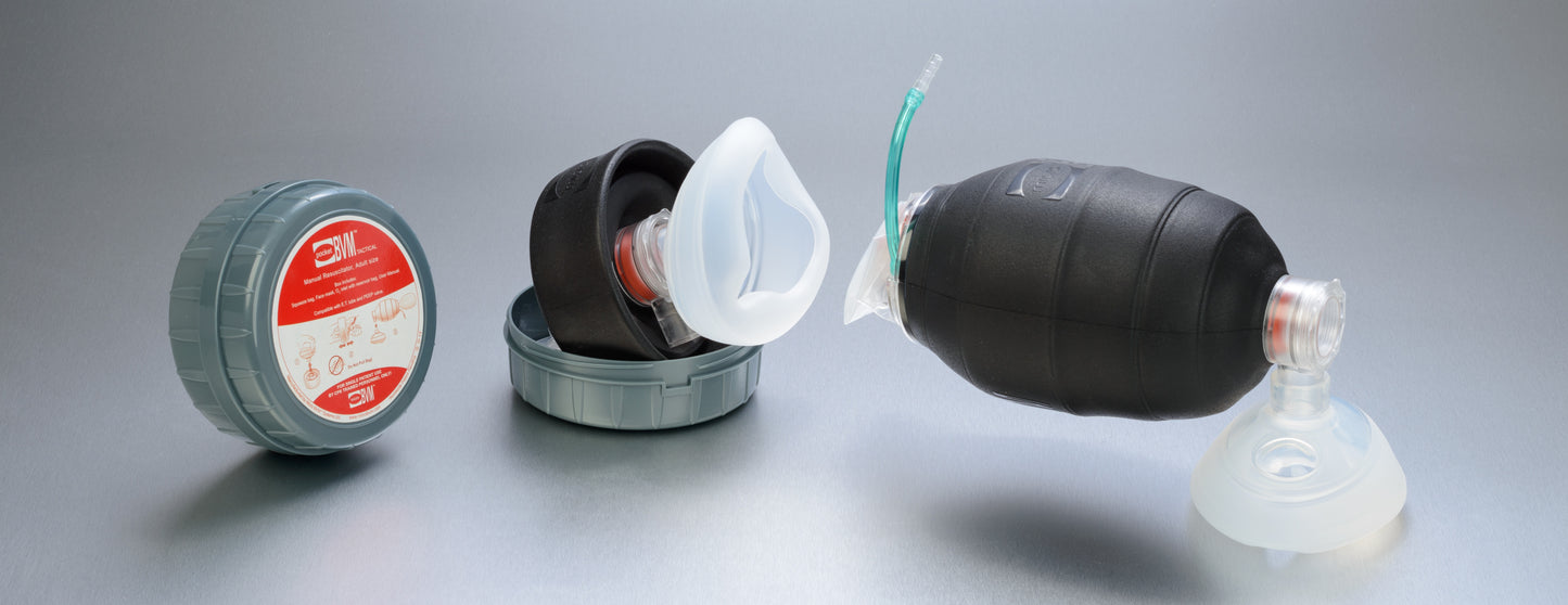Pocket BVM Tactical black non-reflective collapsible adult resuscitator - MicroBVM Systems LTD.