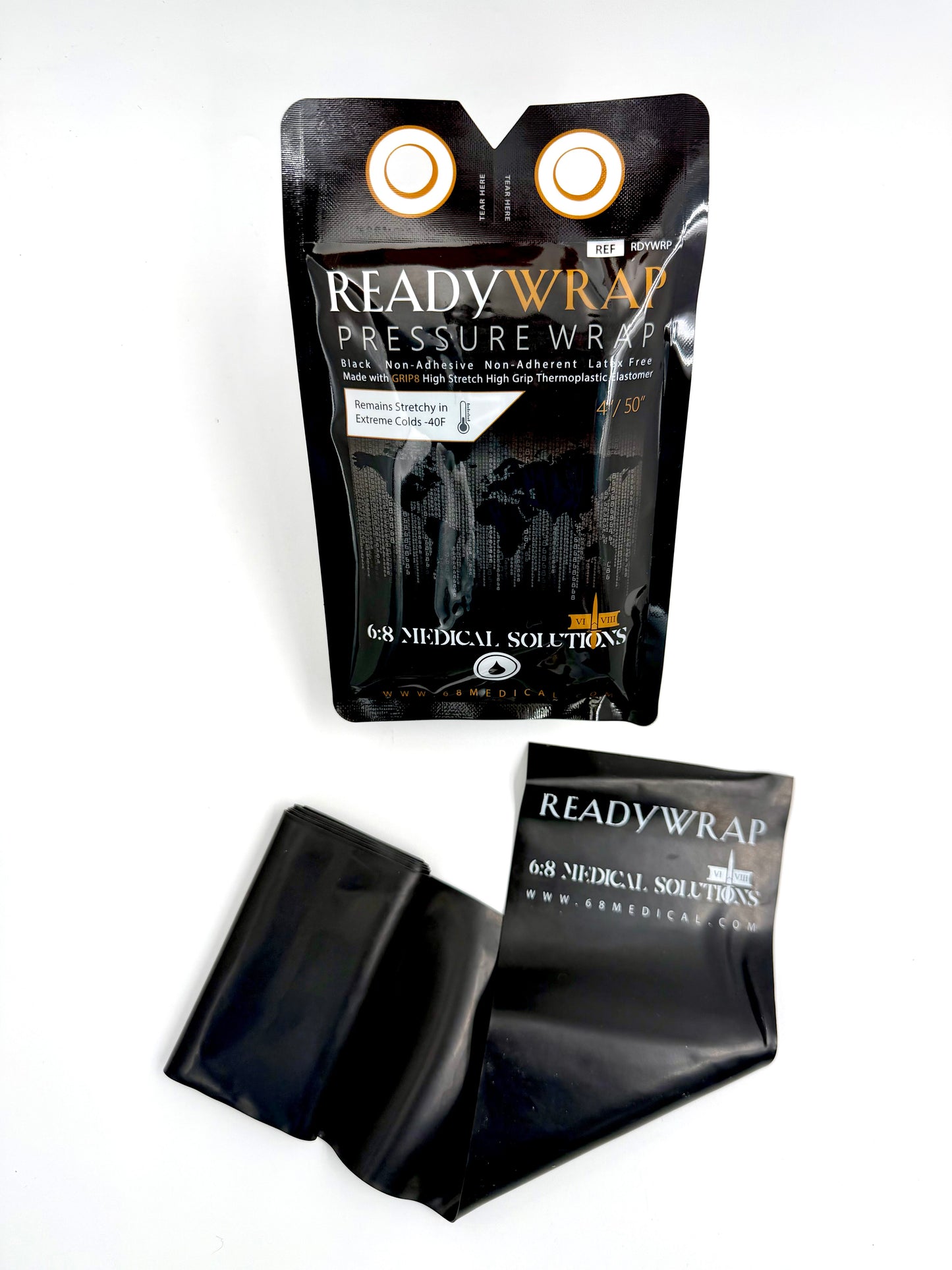 READY WRAP pressure wrap by 6:8 Medical Solutions, 4 inch by 50 inch latex-free GRIP8 thermoplastic elastomer wrap shown with its black pouch