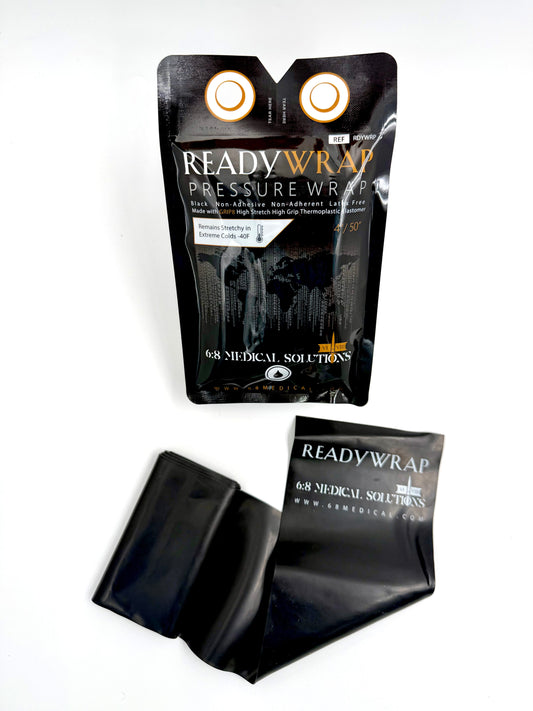 READY WRAP pressure wrap by 6:8 Medical Solutions, 4 inch by 50 inch latex-free GRIP8 thermoplastic elastomer wrap shown with its black pouch