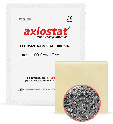 Axiostat L88 chitosan hemostatic trauma patch, 8 × 8 cm, with pouch