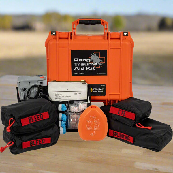 Orange Pelican hard-case range trauma kit open and stocked