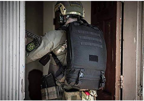 Tactical medic carrying military medical deployment backpack
