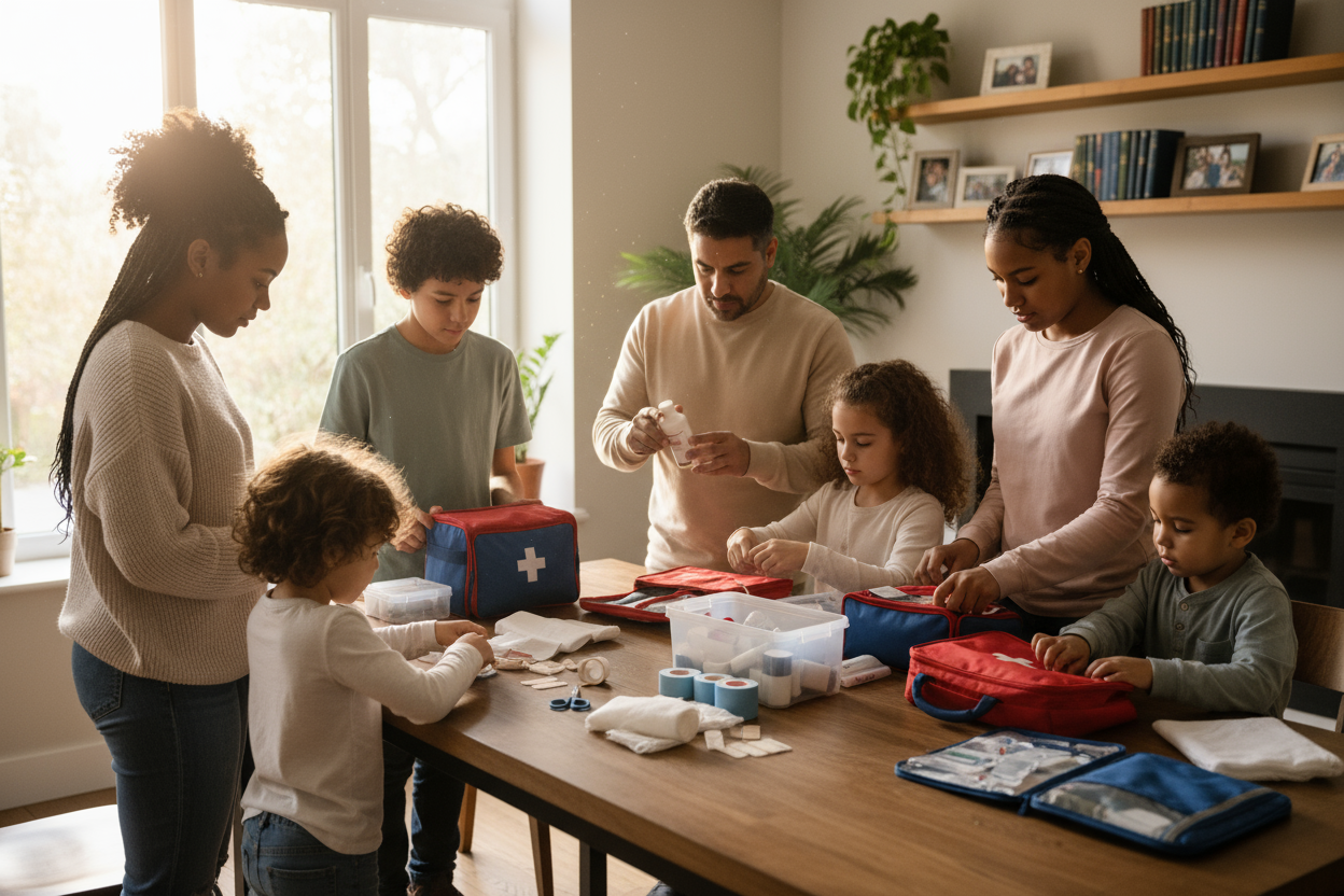 A family of prepared civilians overlooking their first aid kits at home