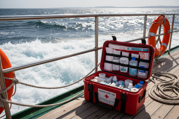 Waterproof maritime department trauma bag on vessel deck