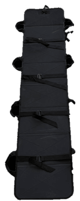 6:8 Medical Solutions Foldable Drag Litter Stretcher (FDLS) folded upright, black rigid ABS casualty drag stretcher with carry handles and G-hook straps