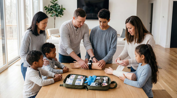 Family practicing first aid skills together at home