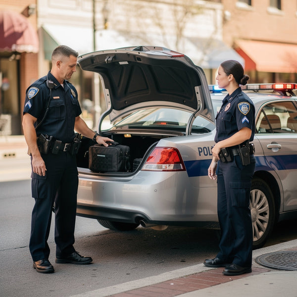 Police officers with tactical bag at patrol car trunk
