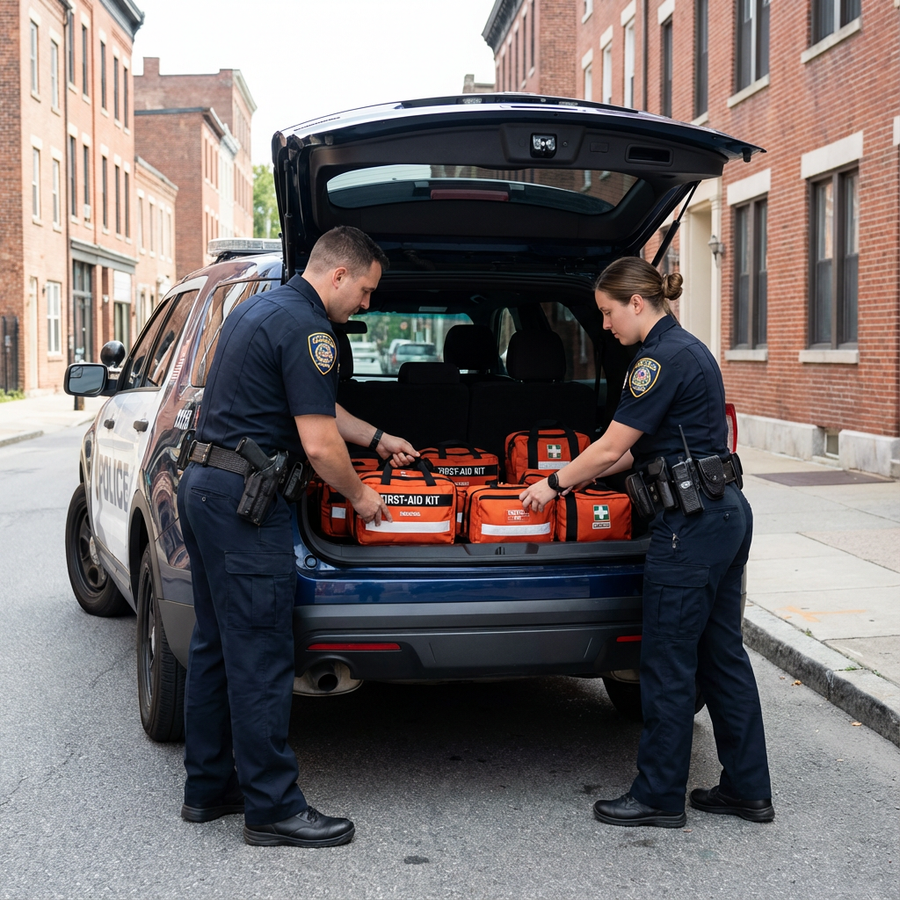 Law enforcement officers staging patrol vehicle medical trauma kits