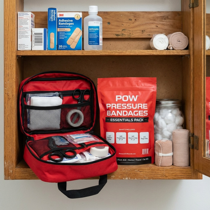 Workplaces, shops, warehouses, and school safety stations with POW bandages