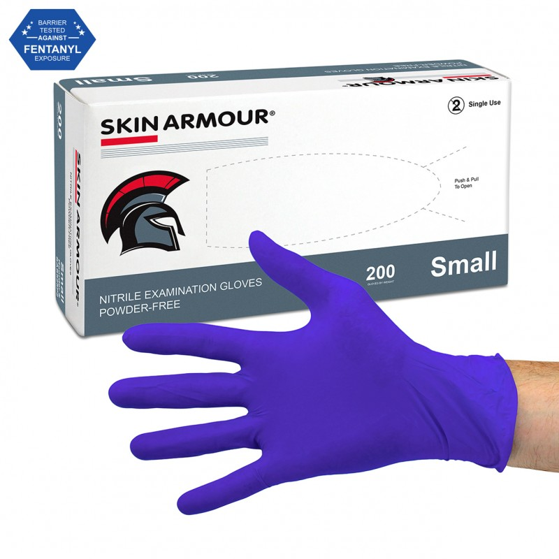 Skin Armour nitrile examination gloves box with purple glove on hand