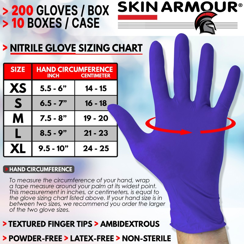 Skin Armour nitrile glove sizing chart with hand circumference measurements