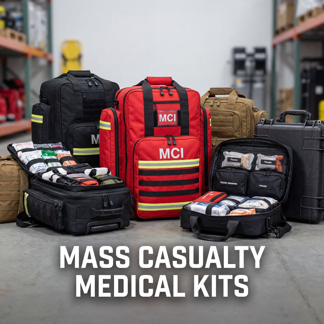 Mass-casualty medical kits staged on warehouse floor for institutional deployment
