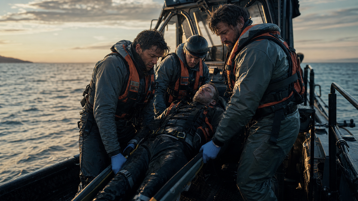 Maritime emergency trauma response drill on offshore vessel