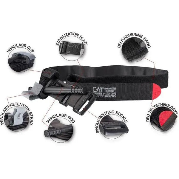 C-A-T Gen 7 with labeled parts: windlass clip, stabilization plate, self-adhering band, windlass retention strap, windlass rod, single routing buckle and red tip
