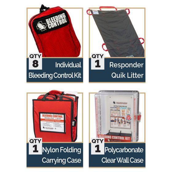 Public Access Bleeding Control Station - 8-PACK Nylon Pouch - Clear Polycarbonate Cabinet North American Rescue