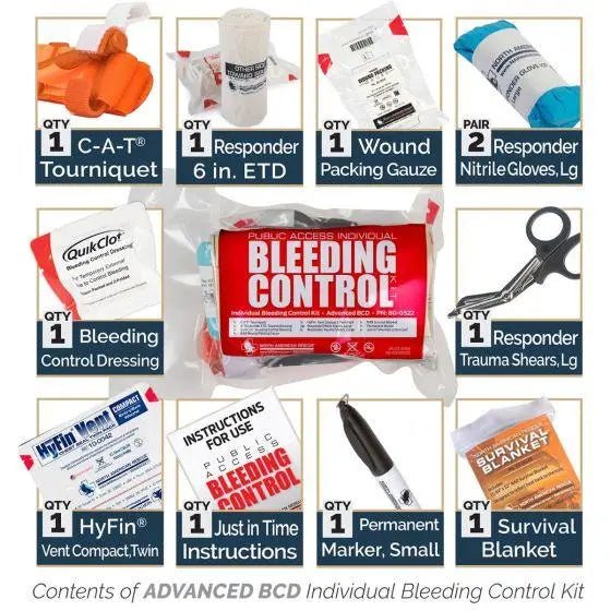 Public Access Bleeding Control Station - 8 - PACK Vacuum Sealed Pouch - Low Profile Metal Station - North American Rescue