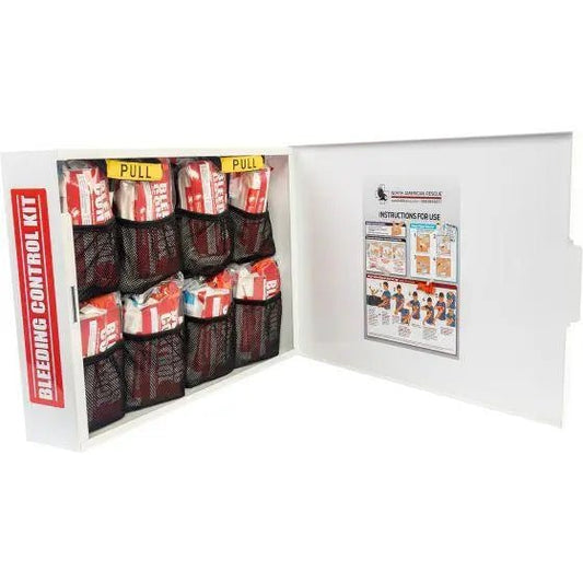 Public Access Bleeding Control Station - 8 - PACK Vacuum Sealed Pouch - Low Profile Metal Station - North American Rescue